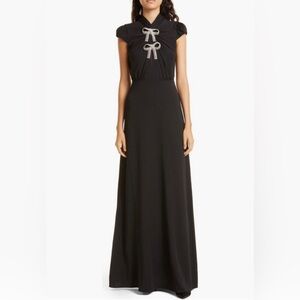 NWT $585 Self-Portrait Crystal Bow Cutout Stretch Crepe Gown, BLACK, size 6!